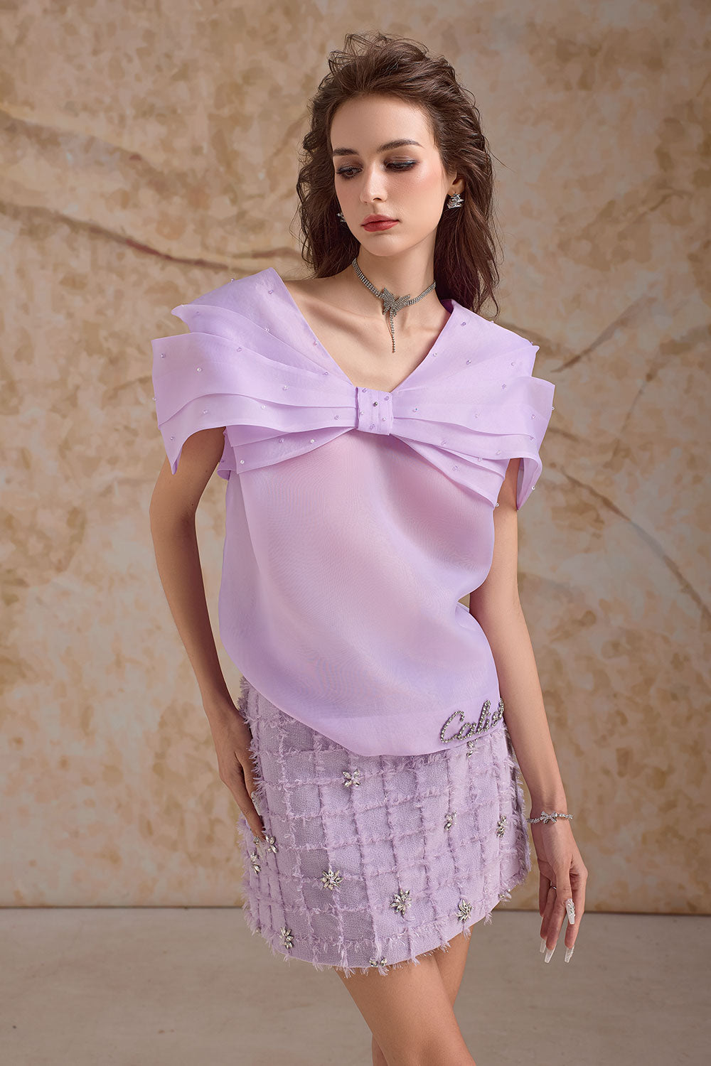 Primelle Straight V-Neck Organza Top