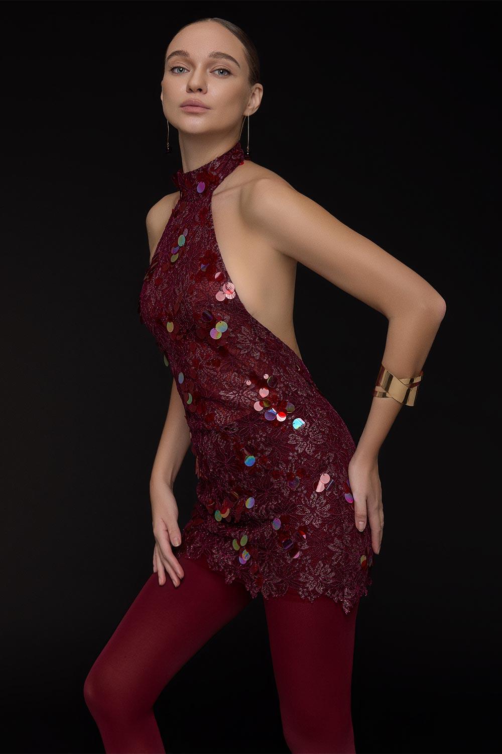 Cherry Bodycon Halter Neck Lace Mini Dress