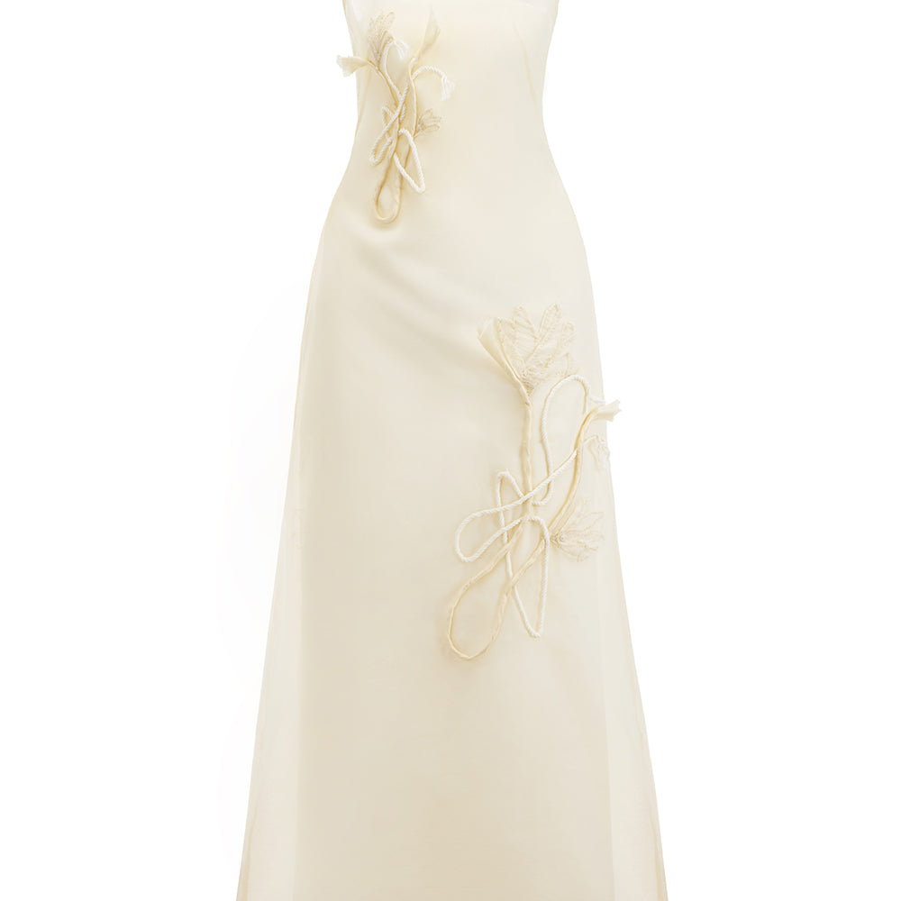 Linh Chi A-line Flower Applique Organza Maxi Dress