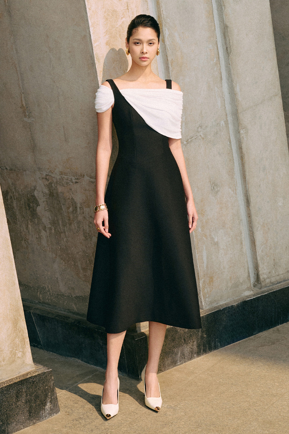 cold shoulder jersey dress Cold-shoulder ruffled stretch-jersey gown - black
