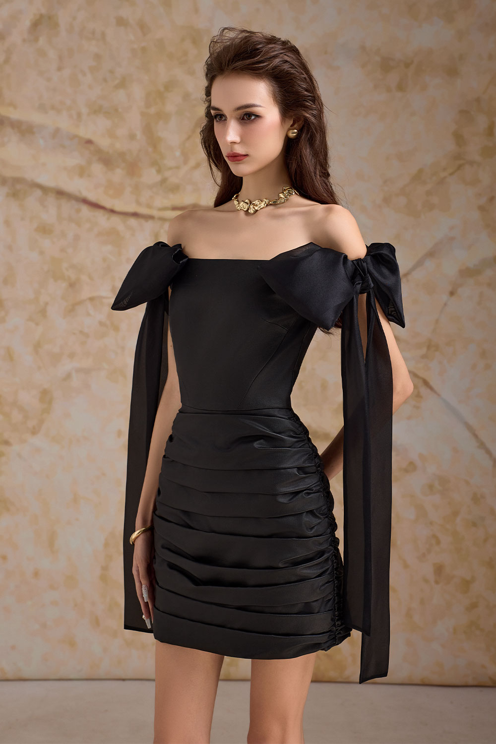 Eclatara A-line Pleated Leather Mini Dress