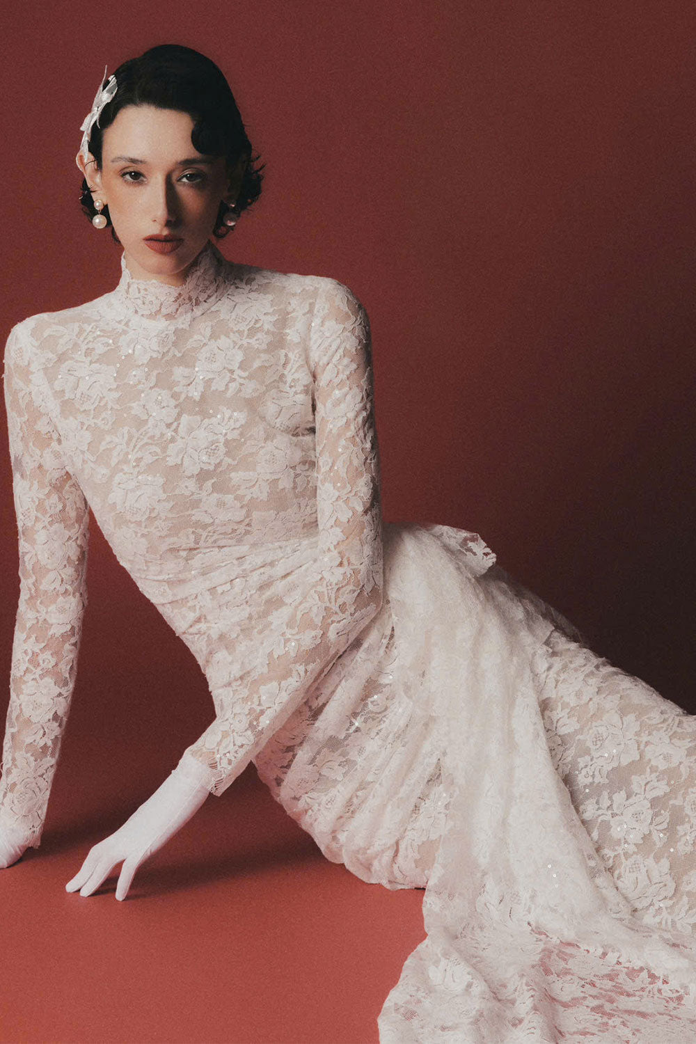 Rosa Sheath High Neck Lace Ankle Length Dress