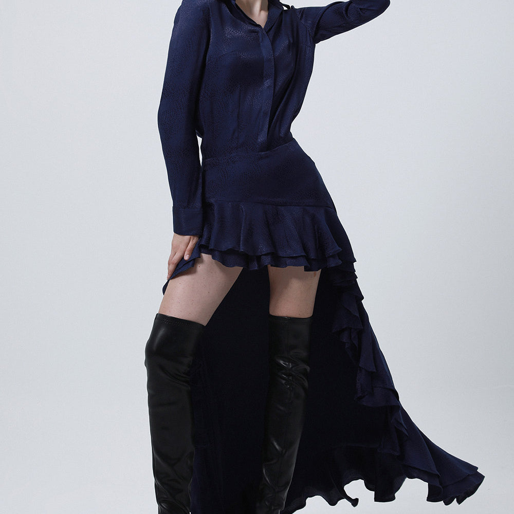 Divergence Drop Waist Collared Neck Silk High-low Dress