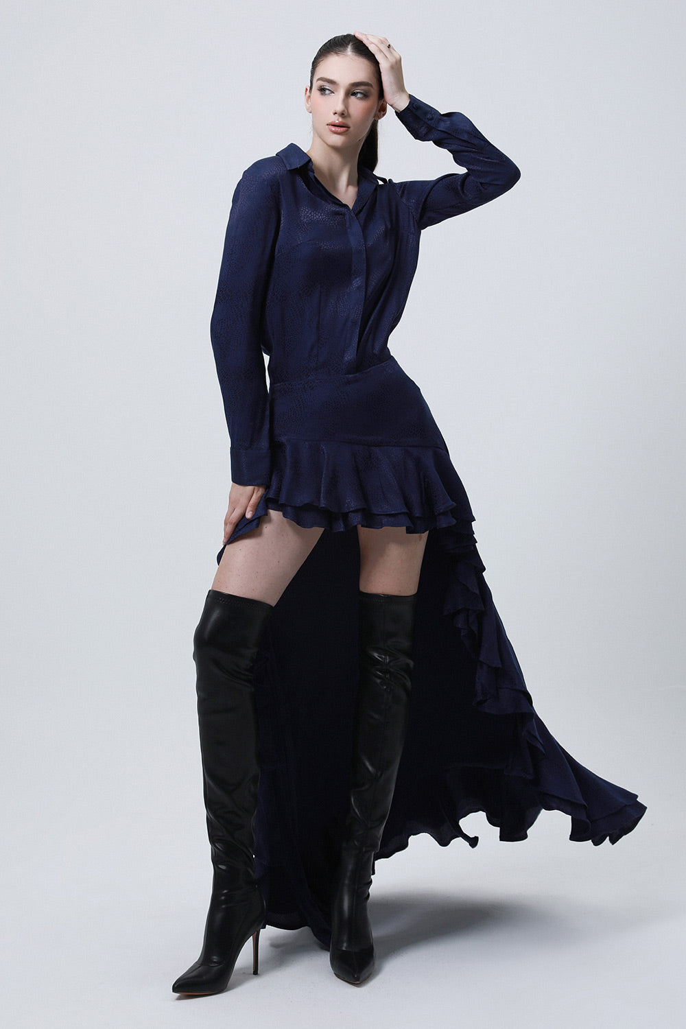 Divergence Drop Waist Collared Neck Silk High-low Dress