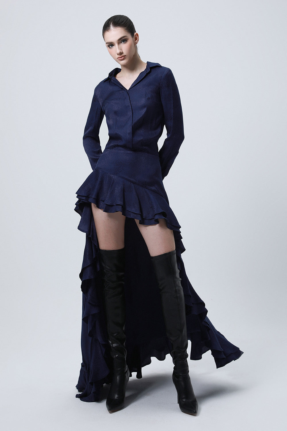 Divergence Drop Waist Collared Neck Silk High-low Dress