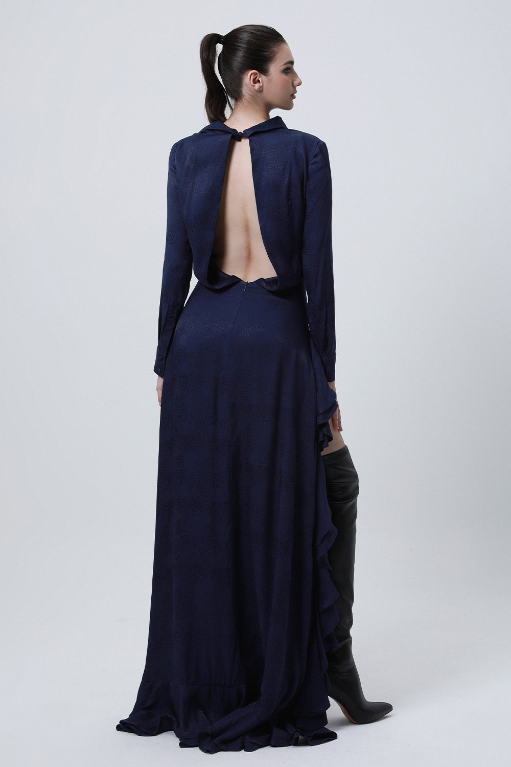 Divergence Drop Waist Collared Neck Silk High-low Dress