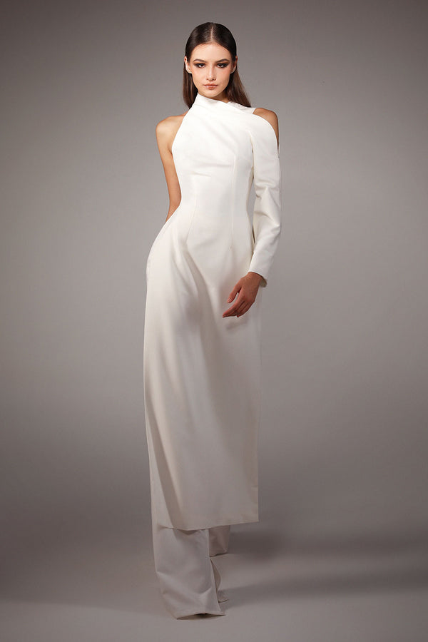 Bandeau A-line Asymmetric Sleeved Wool Cotton Floor Length Ao Dai