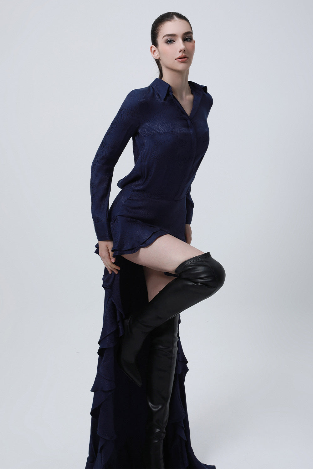 Divergence Drop Waist Collared Neck Silk High-low Dress
