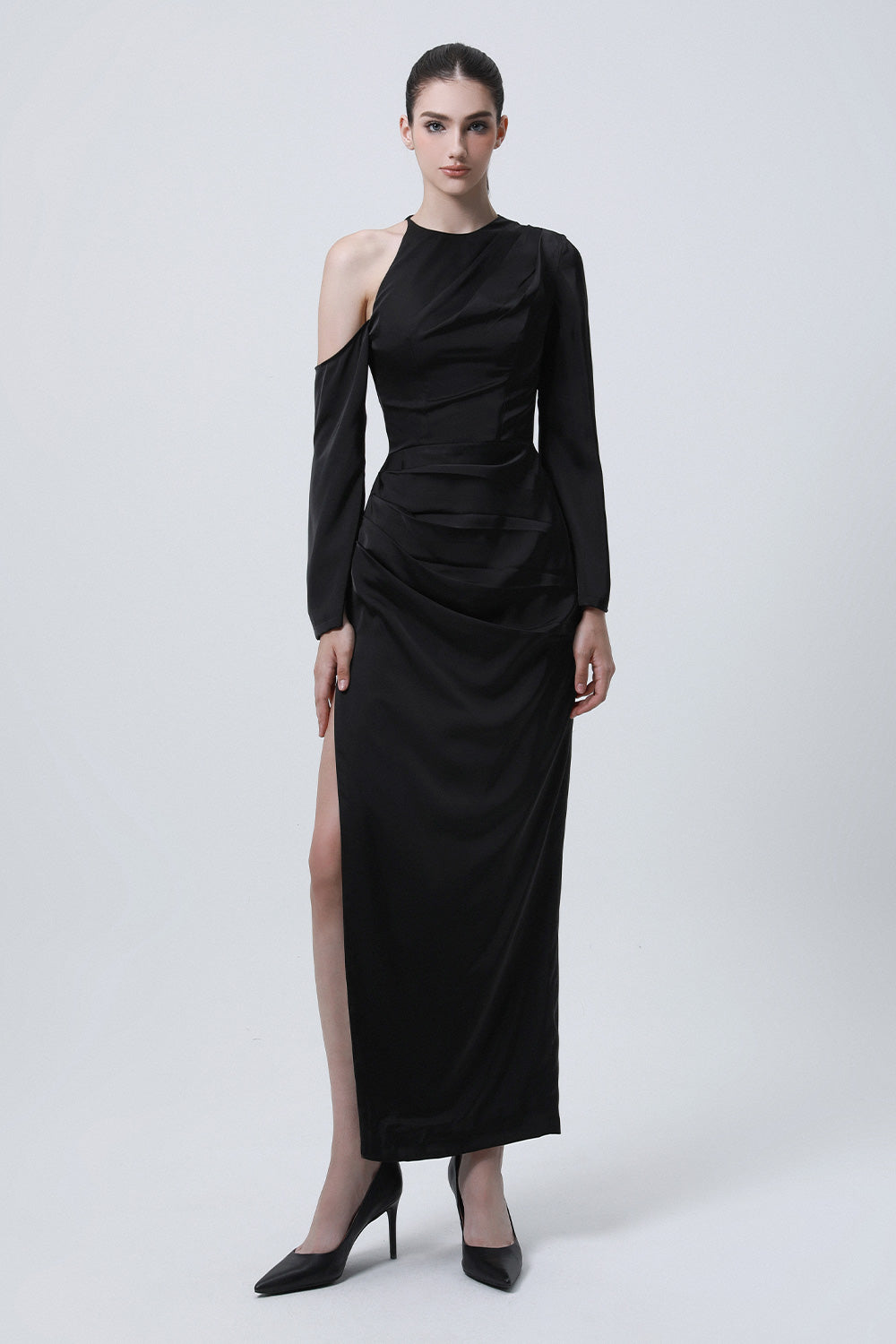 Saudade Slit Asymmetric Shoulder Silk Ankle Length Dress