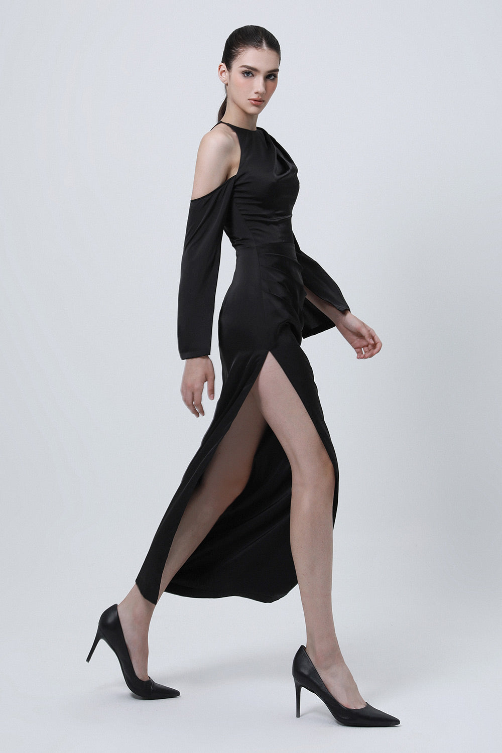 Saudade Slit Asymmetric Shoulder Silk Ankle Length Dress