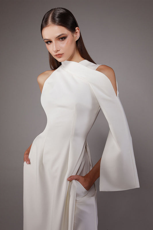 Bandeau A-line Asymmetric Sleeved Wool Cotton Floor Length Ao Dai