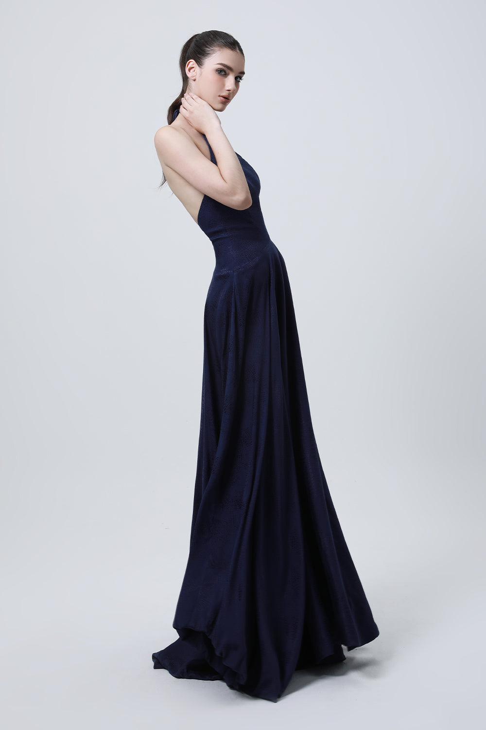 Women's Carnation Fit and Flare Halter Neck Silk Floor Length Dress 0/1/2/3/Customize Midnight Blue MEAN BLVD Midnight Blue / 1 Women's Carnation Fit and Flare Halter Neck Silk Floor Length Dress 0/1/2/3/Customize Midnight Blue MEAN BLVD Midnight Blue / 1