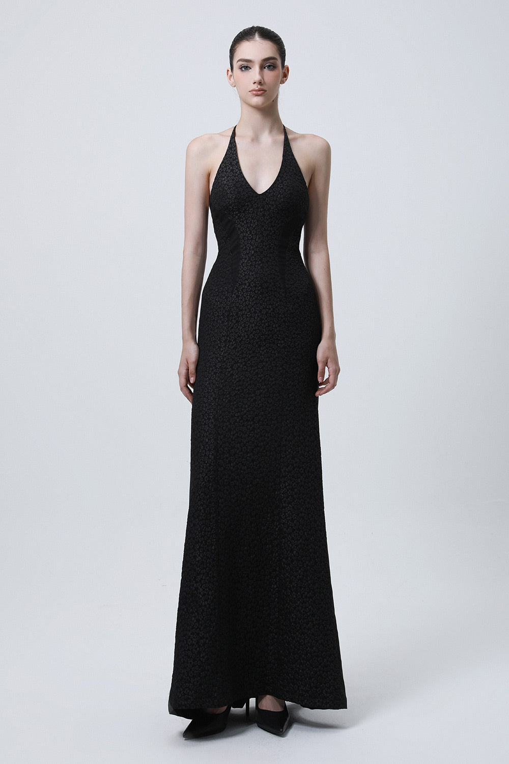 Criss-cross Trumpet Halter Neck Brocade Maxi Dress