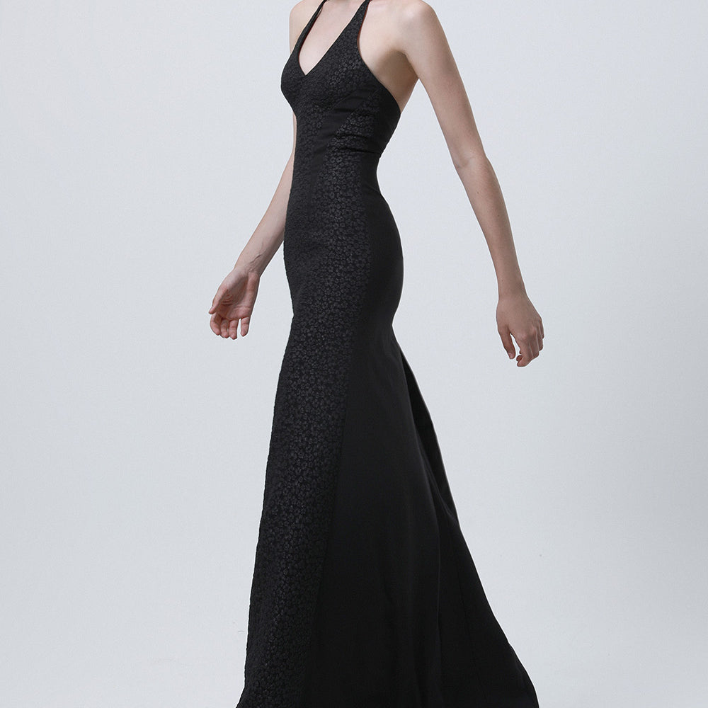 Criss-cross Trumpet Halter Neck Brocade Maxi Dress