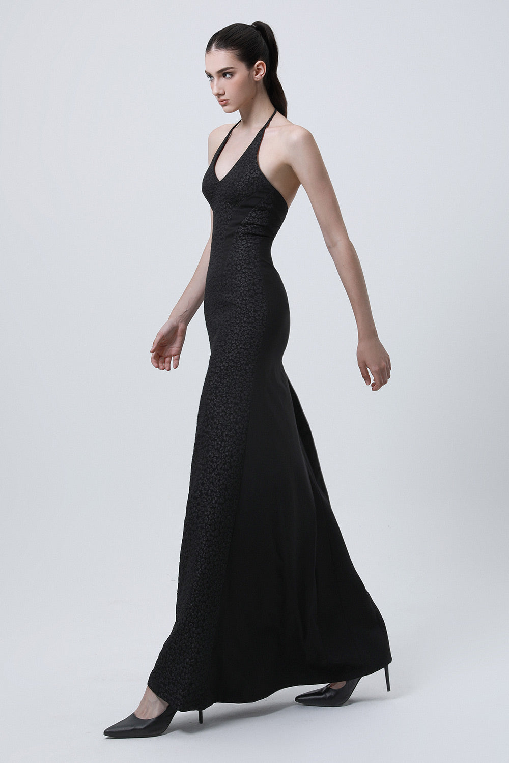 Criss-cross Trumpet Halter Neck Brocade Maxi Dress