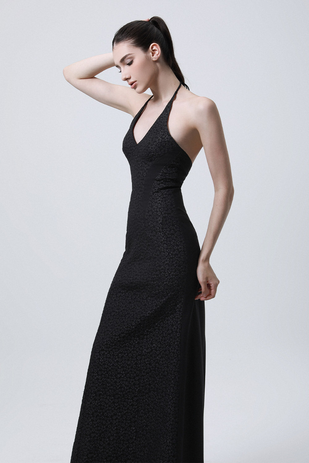 Criss-cross Trumpet Halter Neck Brocade Maxi Dress