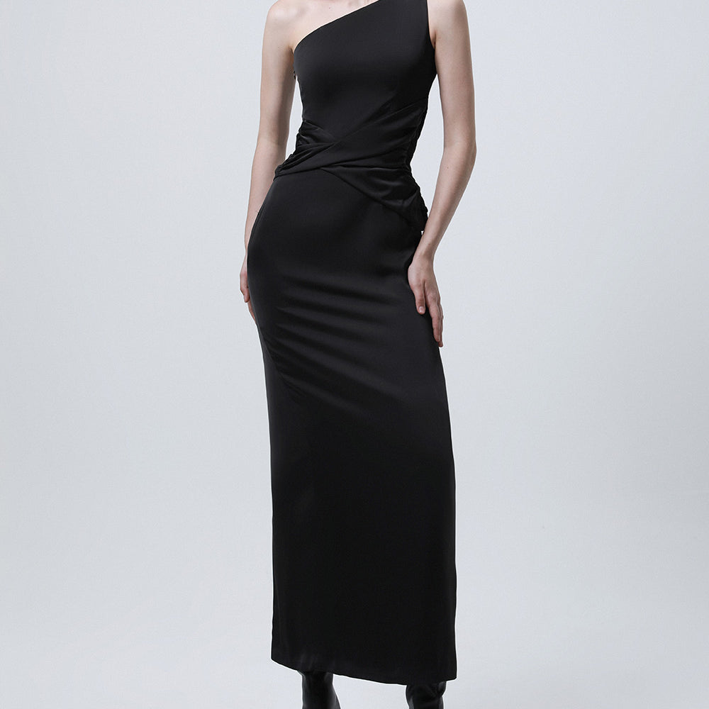 Imperial Sheath One Shoulder Silk Ankle Length Dress