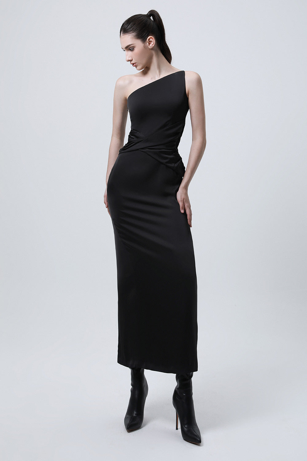 Imperial Sheath One Shoulder Silk Ankle Length Dress