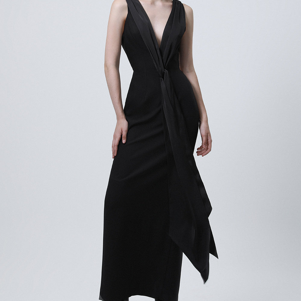 Slouch Sarong Plunge Neck Cotton Silk Ankle Length Dress