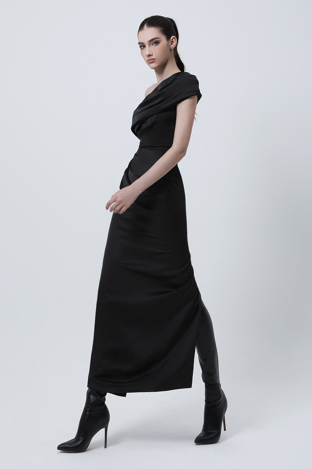 Bound Sheath Asymmetric Shoulder Silk Midi Dress