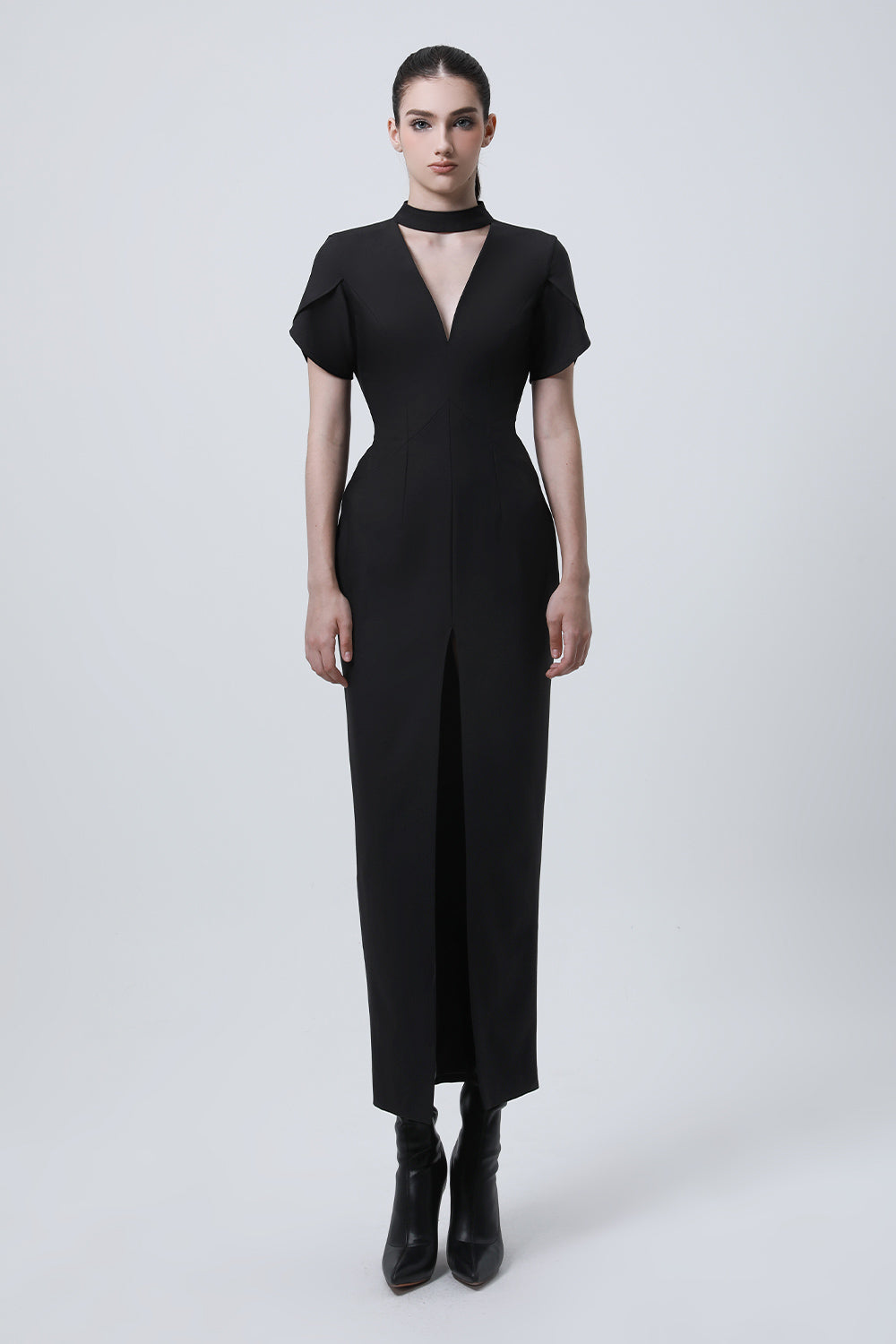 Creole Slit Choker Neck Wool Cotton Ankle Length Dress