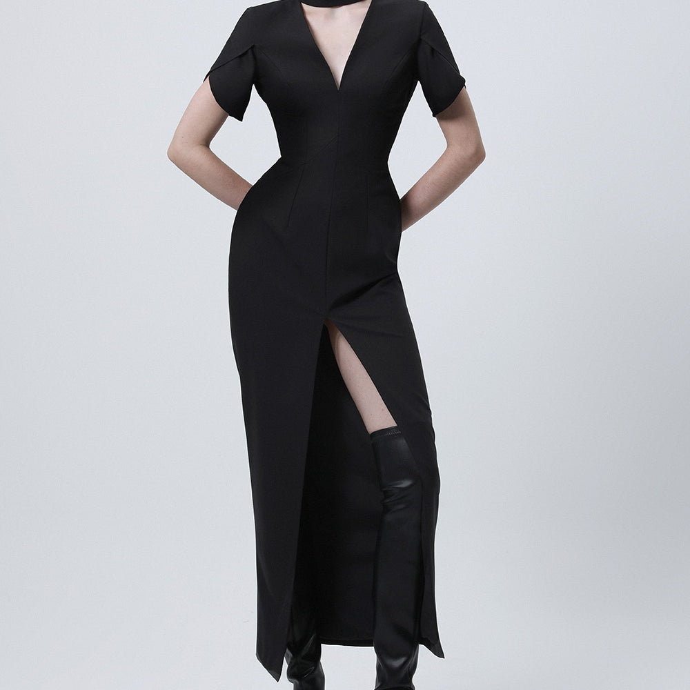 Creole Slit Choker Neck Wool Cotton Ankle Length Dress