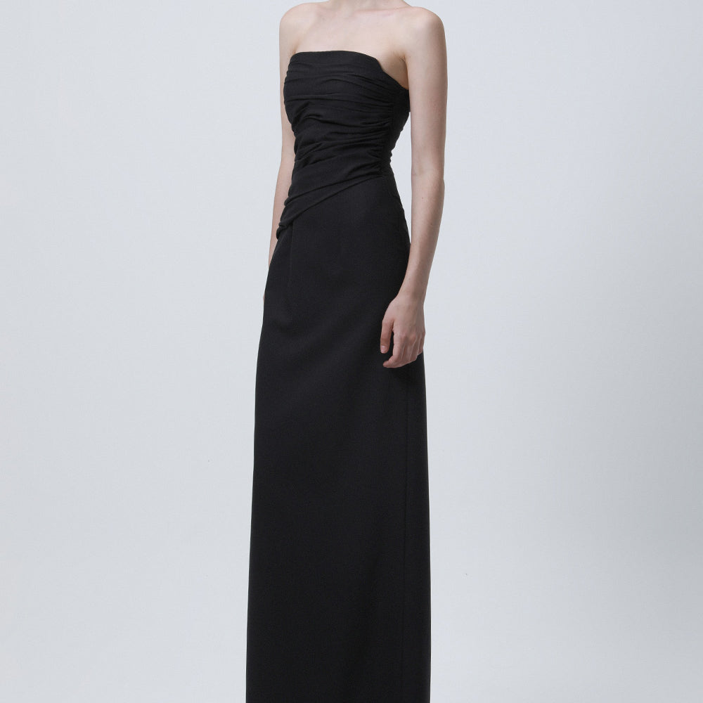Akami Strapless Back Slit Wool Cotton Ankle Length Dress