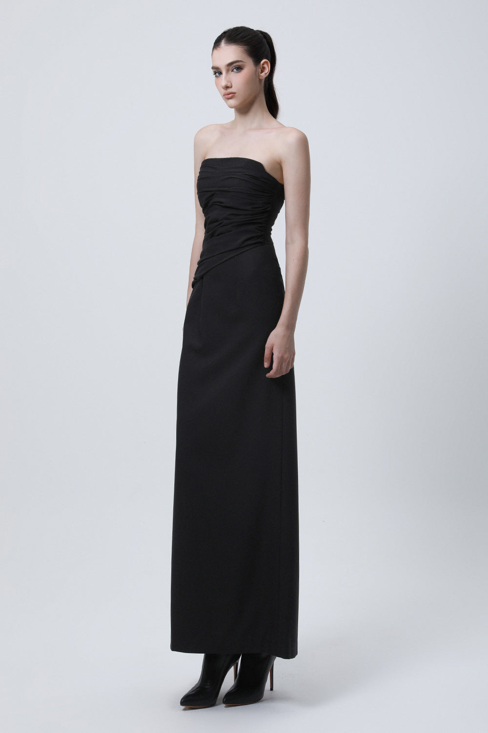 Akami Strapless Back Slit Wool Cotton Ankle Length Dress