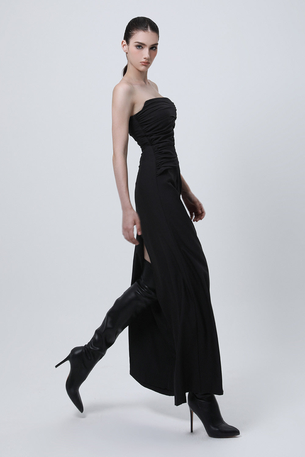 Akami Strapless Back Slit Wool Cotton Ankle Length Dress