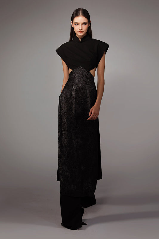 Charmeuse A-line Cap Sleeved Wool Cotton Floor Length Ao Dai Set