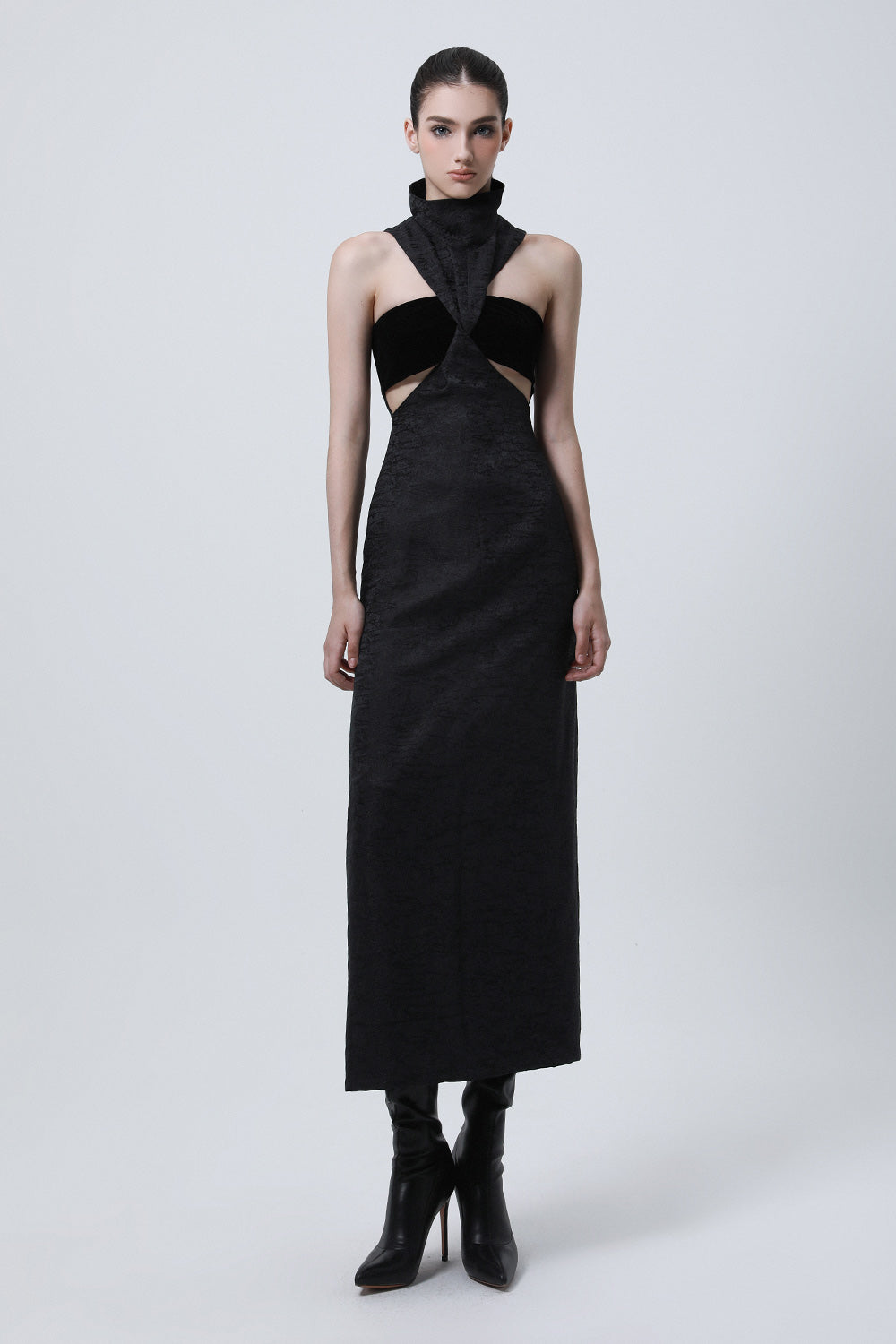 Normandy Sheath Grecian Neck Brocade Midi Dress