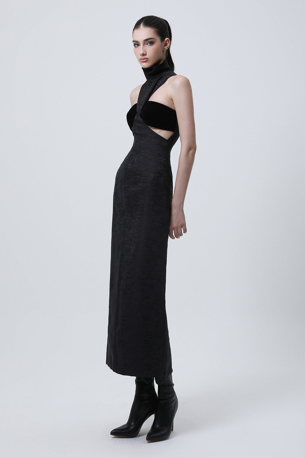 grecian midi dress Eyelet Grecian Neck Tie Waist Midi Dress