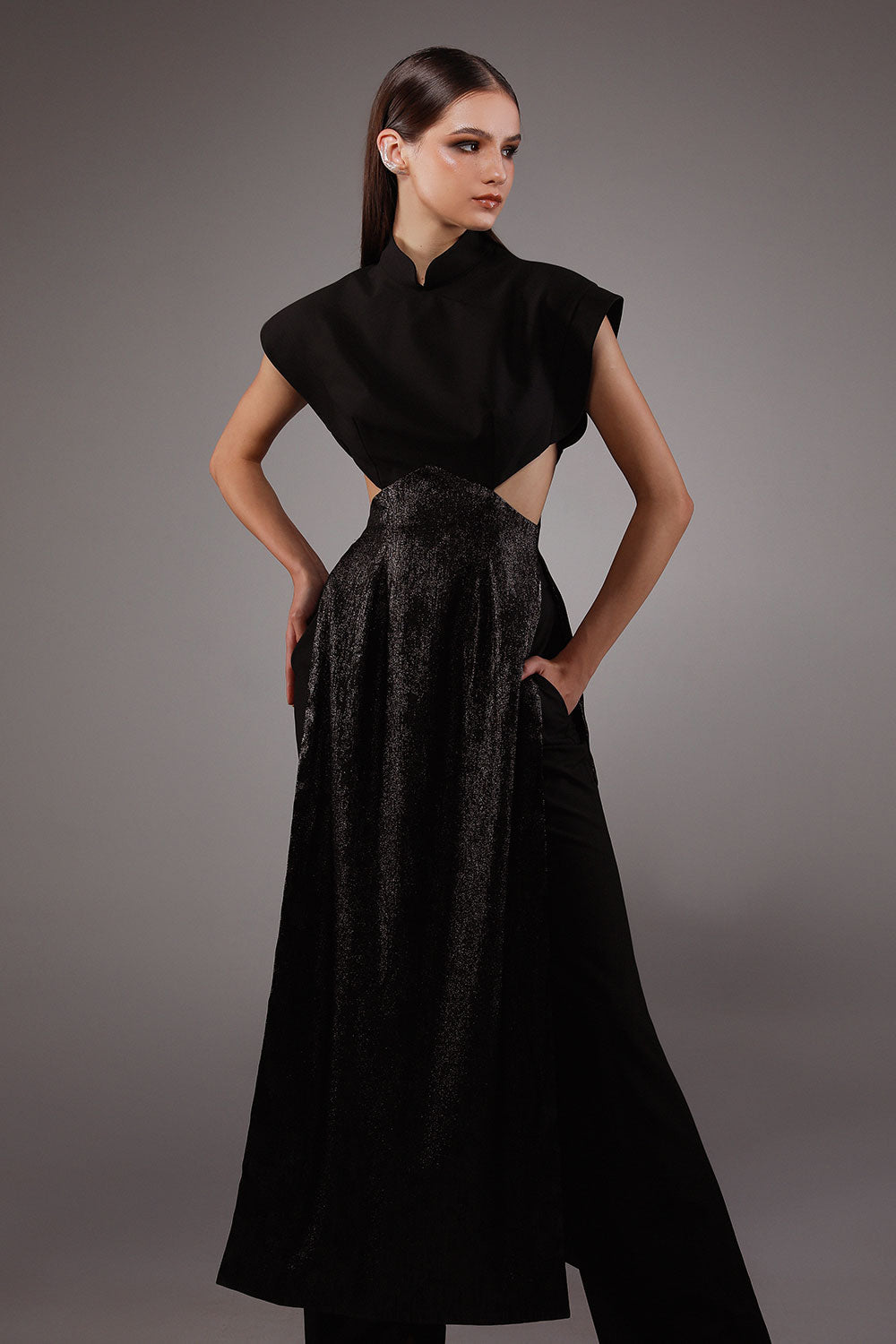 Charmeuse A-line Cap Sleeved Wool Cotton Floor Length Ao Dai Set