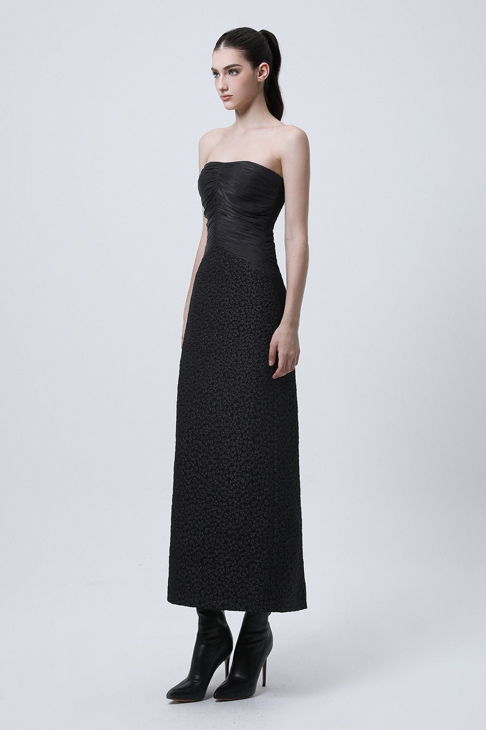 Sire Strapless Gathered Brocade Silk Midi Dress