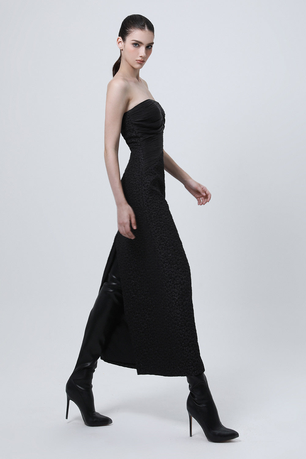 Sire Strapless Gathered Brocade Silk Midi Dress