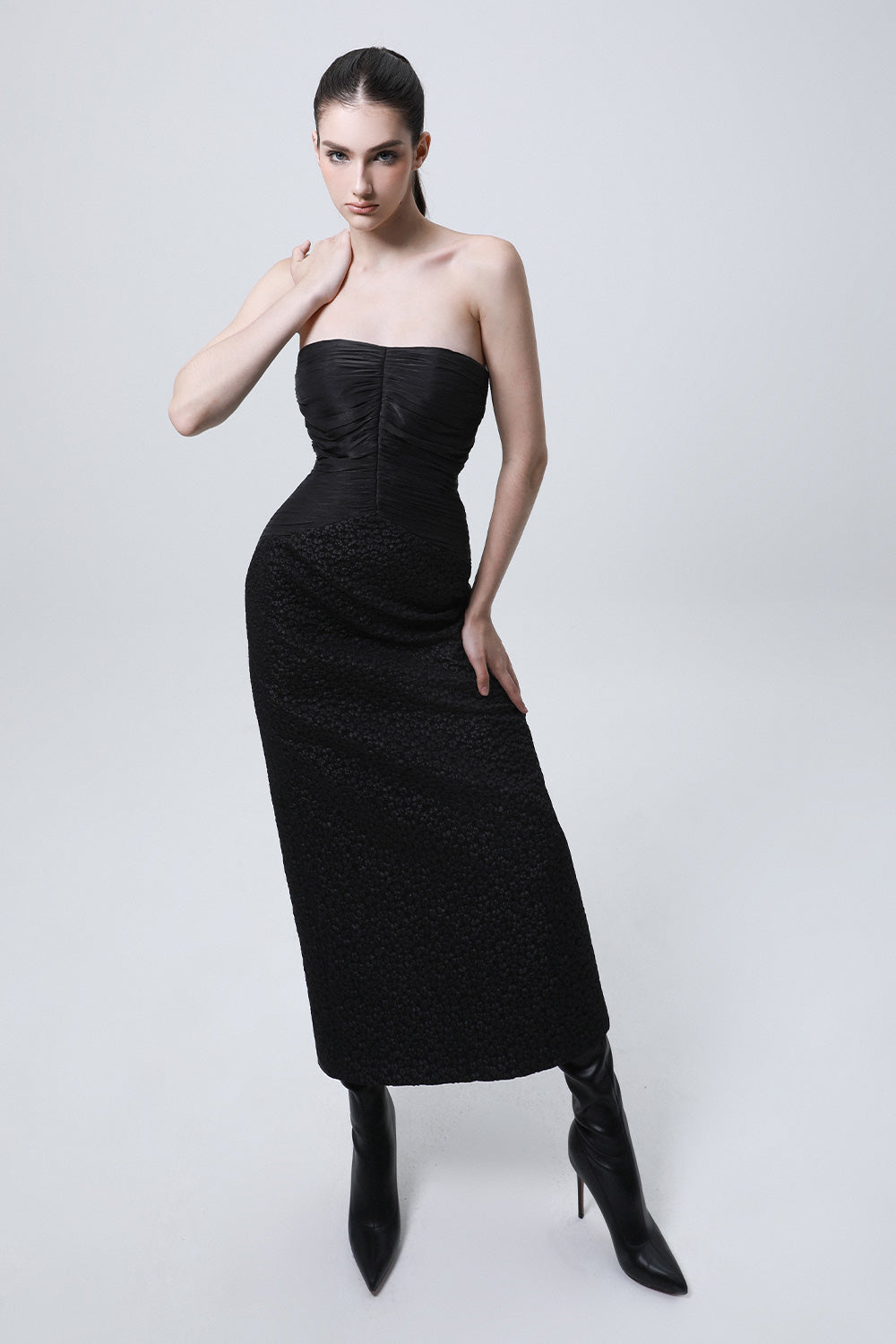 Sire Strapless Gathered Brocade Silk Midi Dress