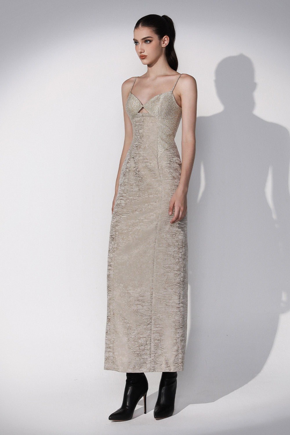 Esoteric Sheath Spaghetti Strap Brocade Ankle Length Dress