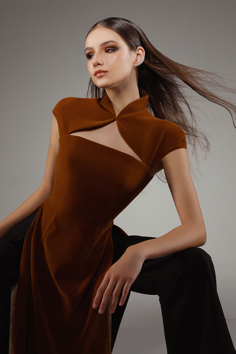 Koi A-line Cut-Out Velvet Floor Length Ao Dai Set