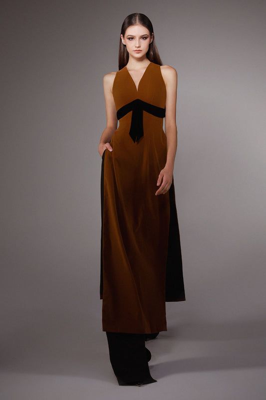 Cascade A-line V-Neck Velvet Floor Length Ao Dai Set