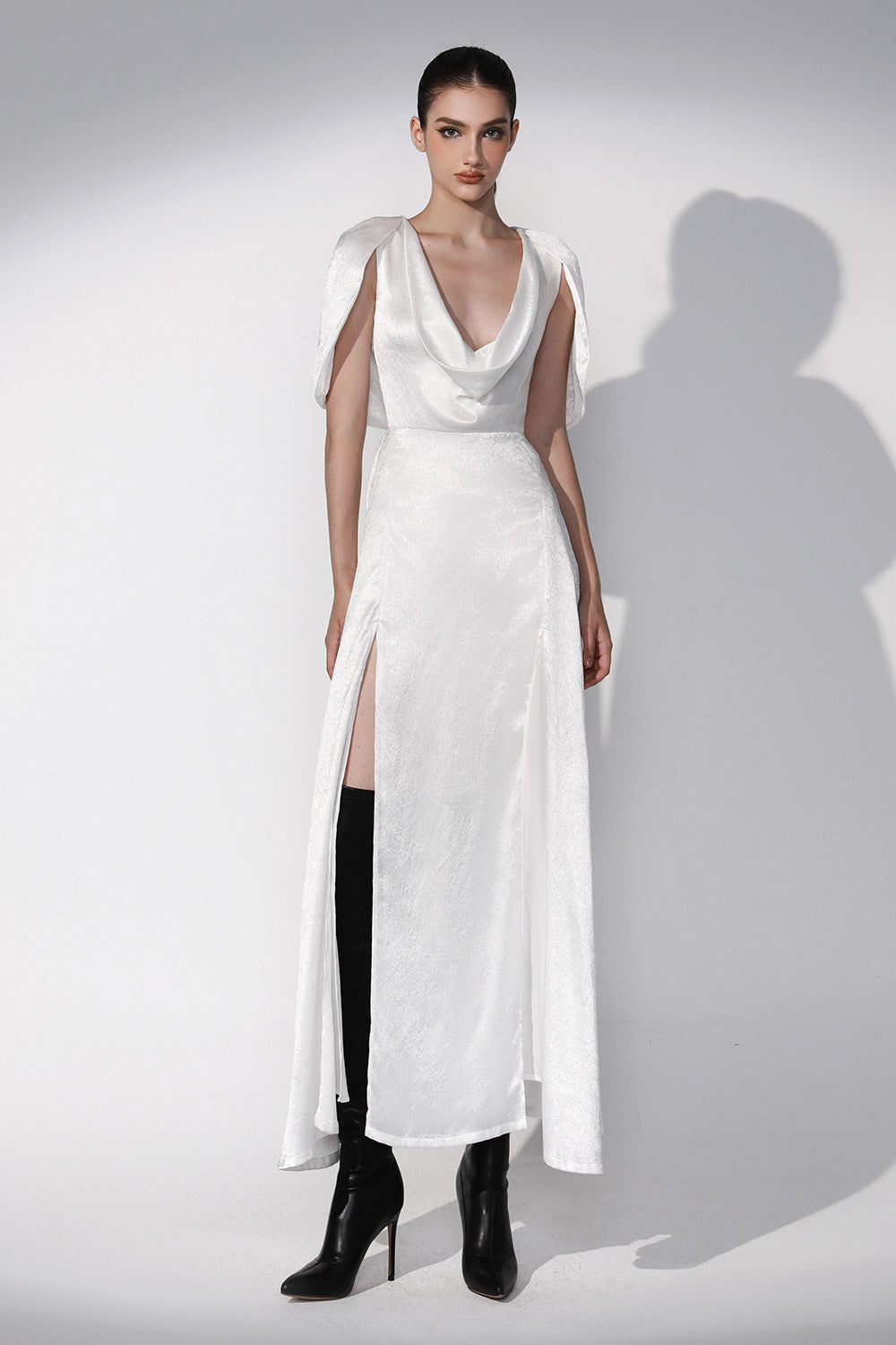 Talete Slit Cape Sleeved Silk Ankle Length Dress