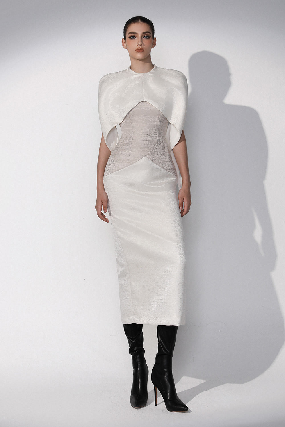 Porcelain Pencil Cape Shoulder Brocade Calf Length Dress