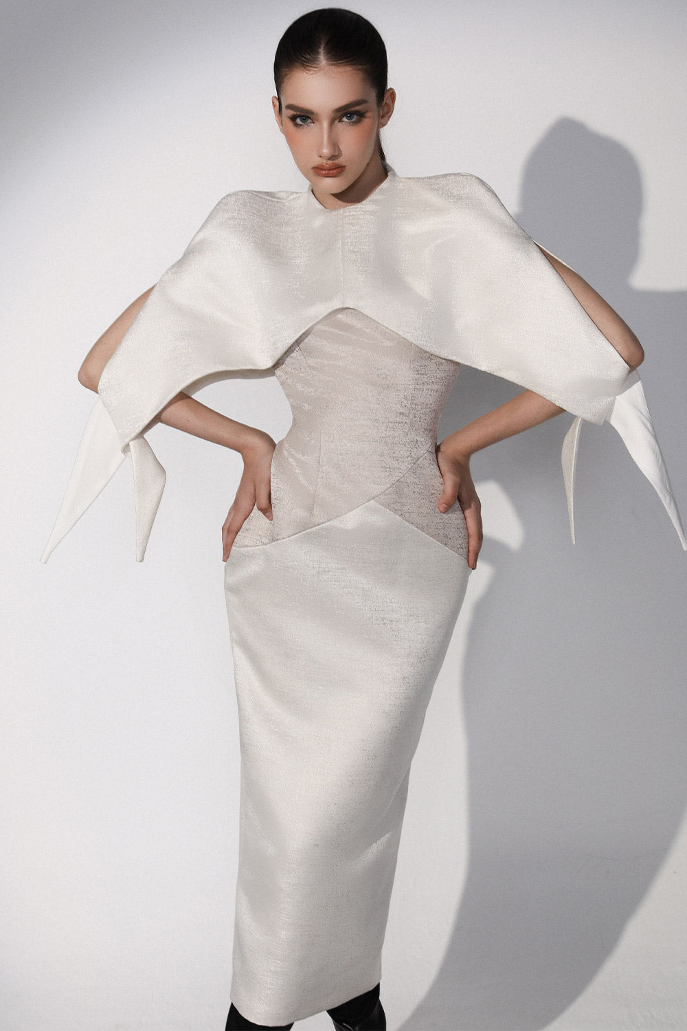 Porcelain Pencil Cape Shoulder Brocade Calf Length Dress