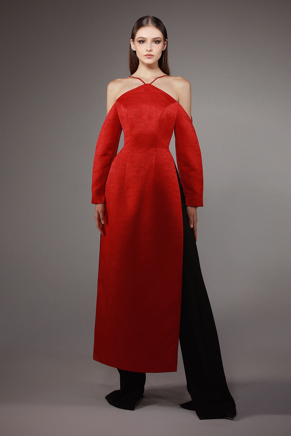 Persona A-line Halter Neck Brocade Floor Length Ao Dai Set