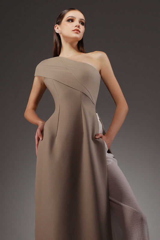 Swirling A-line One Shoulder Wool Cotton Floor Length Ao Dai Set