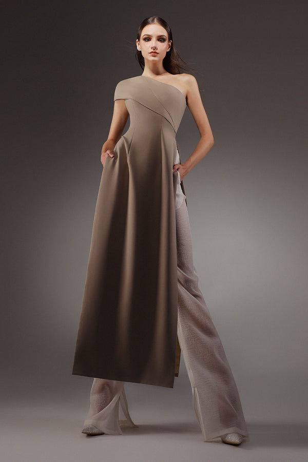 Swirling A-line One Shoulder Wool Cotton Floor Length Ao Dai