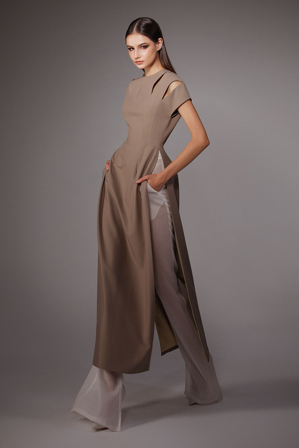 Bandage A-line Short Sleeved Wool Cotton Floor Length Ao Dai Set