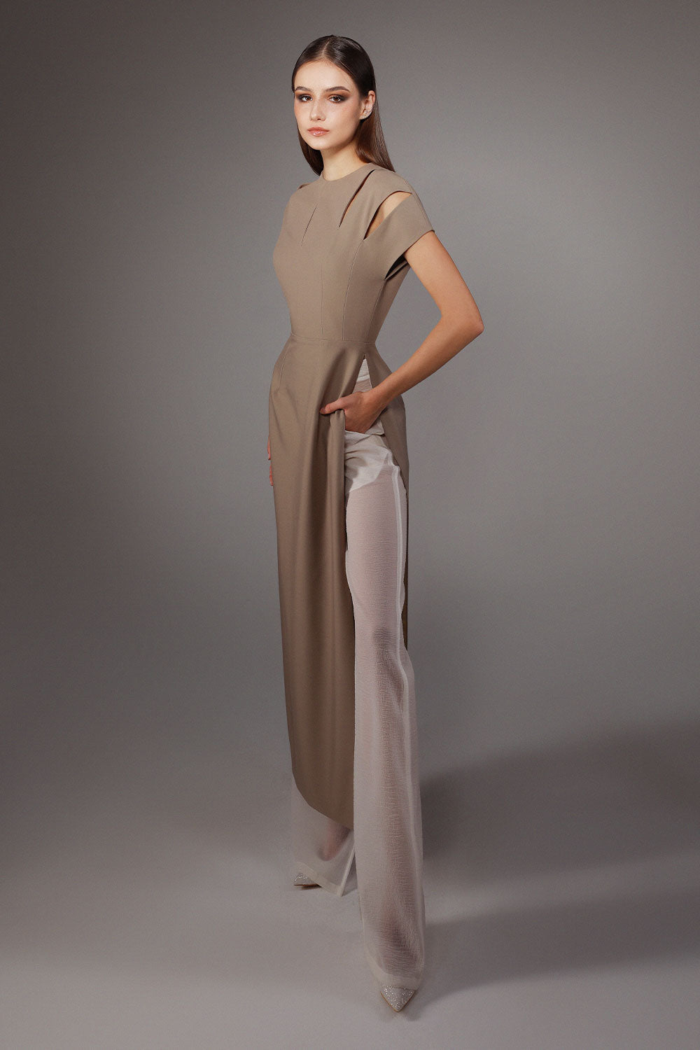 Bandage A-line Short Sleeved Wool Cotton Floor Length Ao Dai Set