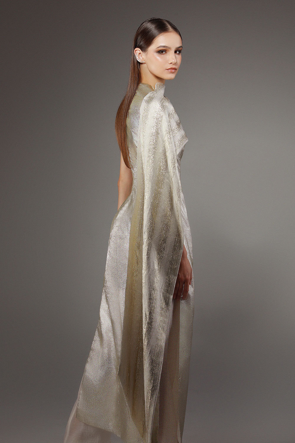 Lurex A-line Side Slit Polyester Floor Length Ao Dai Set