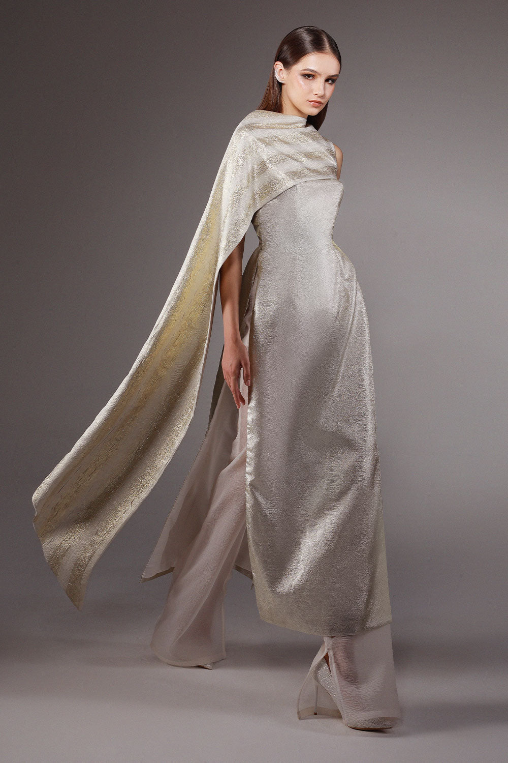 Lurex A-line Side Slit Polyester Floor Length Ao Dai Set