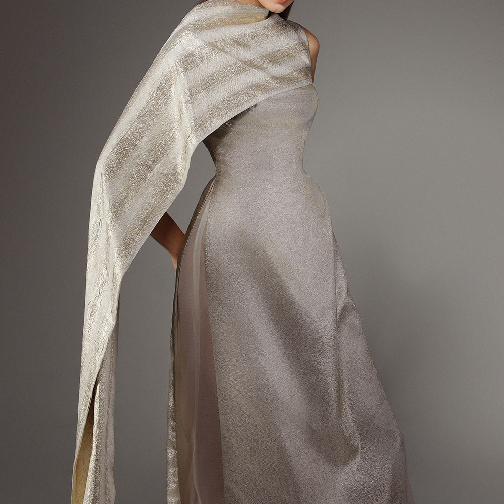 Lurex A-line Side Slit Polyester Floor Length Ao Dai Set